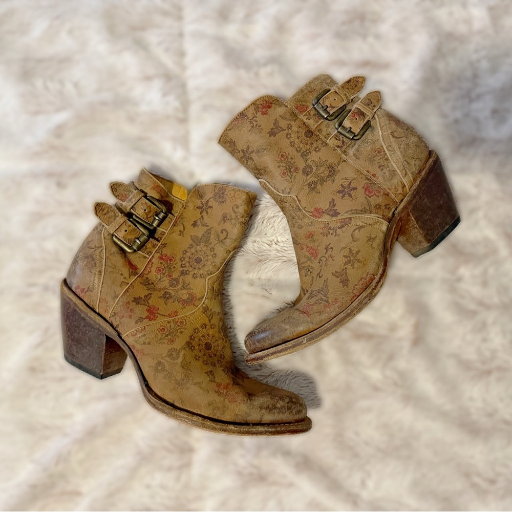 Lucchese Floral Ankle Boots with Buckles - Tan